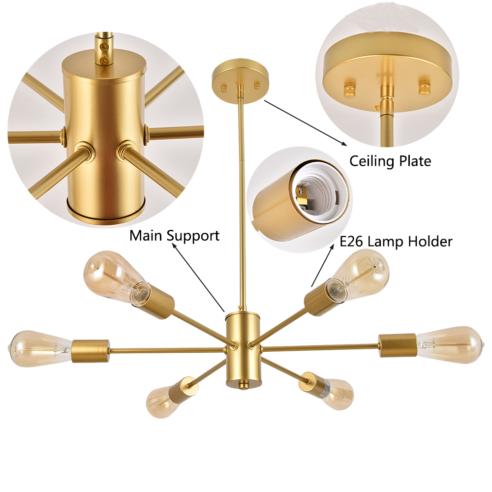 COTULIN Modern 6 Lights Gold Sputnik Chandelier Pendant Light for Living Room Bedroom Kitchen Pendant Lighting