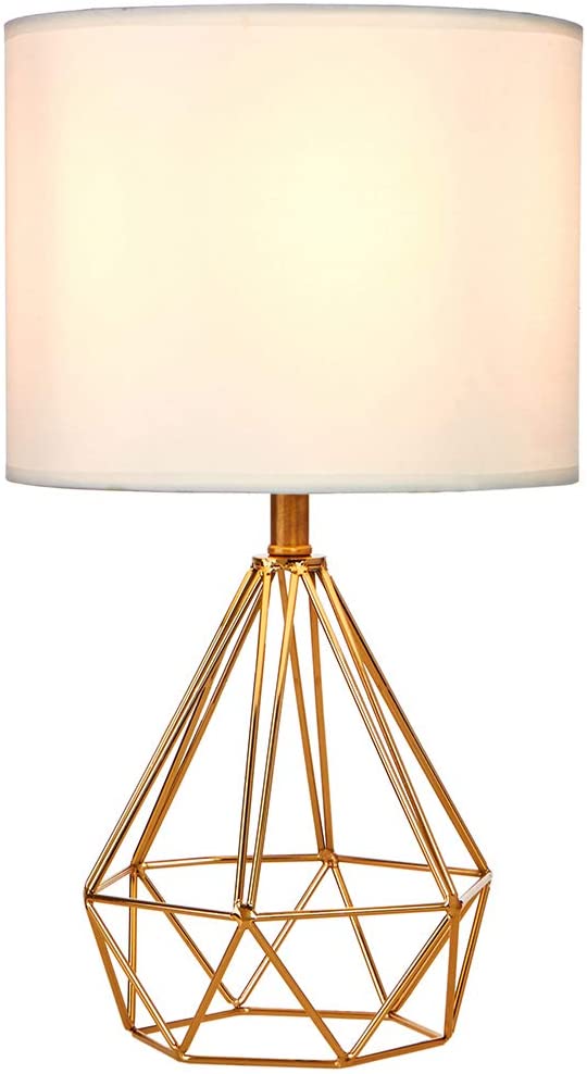 Modern Style Golden Hollowed Out Base Bedside Living Room Bedroom Table Lamp, Desk Lamp with White Fabric Shade,Small Nightstand Lamps,Bedside Lamp